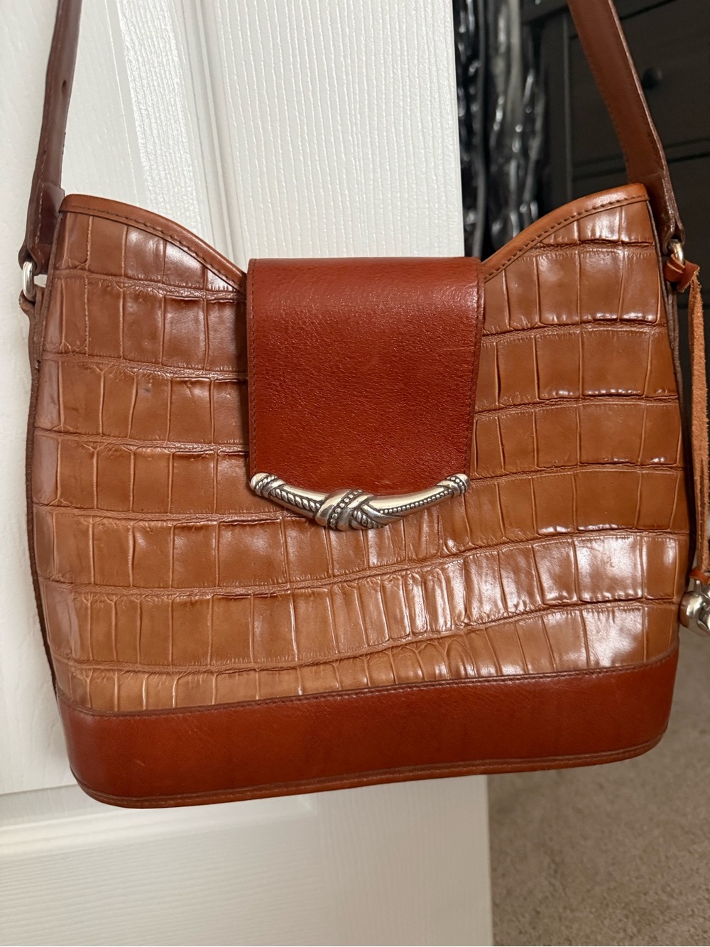 Brighton Vintage Leather Handbag Brown Silver Scroll Shoulder Crossbody